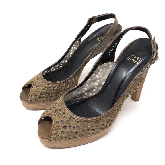 STUART WEITZMAN tan crochet peep toe heels, size 8.5 - Picture 2 of 6